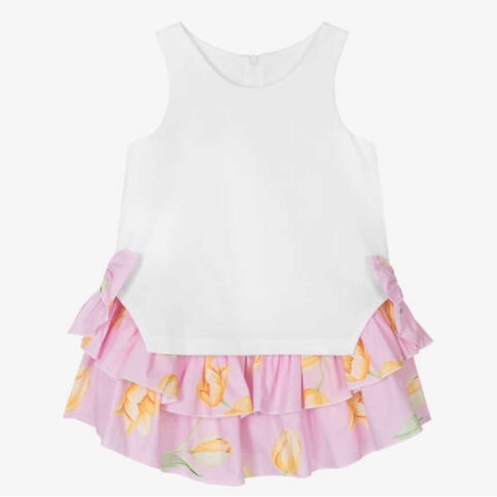 Balloon Chic White and Floral Ruffle Dress